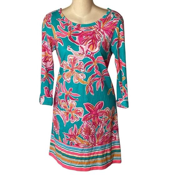 Lilly Pulitzer Dress XS Linden Sea Blue Via Sunny Floral 3/4 Sleeve - Picture 2 of 7